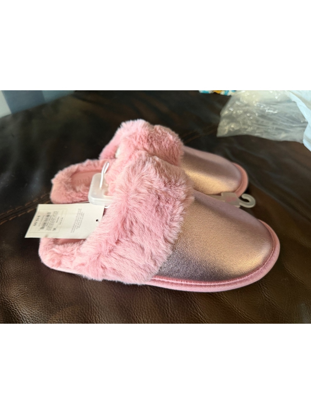 Pink Fuzzy Slip-On Slippers with Metallic Finish